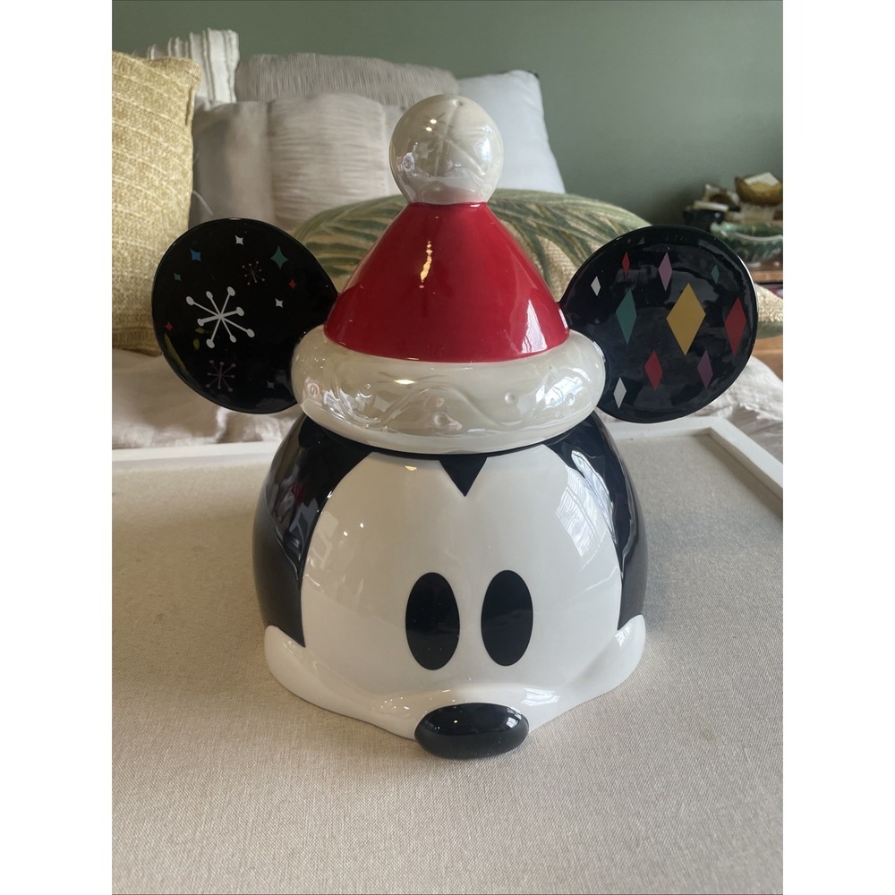 Rare‎ Retired-Disney Store Mickey Mouse Holiday Ceramic Cookie Jar With Box